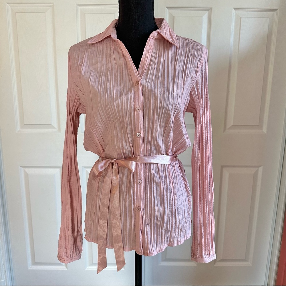 Apt. 9 Pink Crinkle Pleat Button Down Tie Waist Blouse